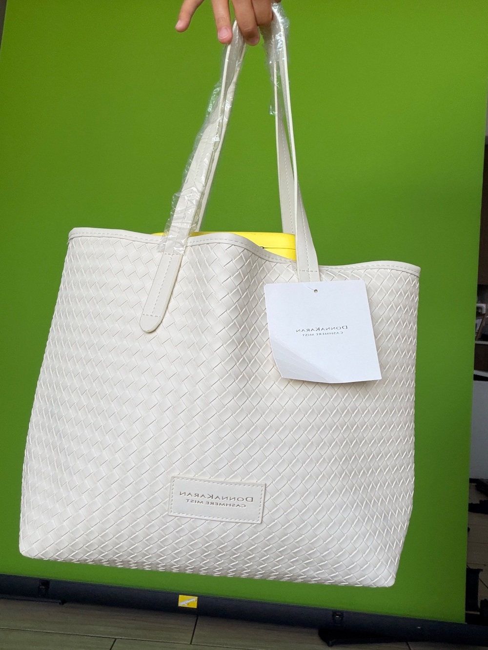 Donna Karan Cream Woven Tote with Yellow Lining